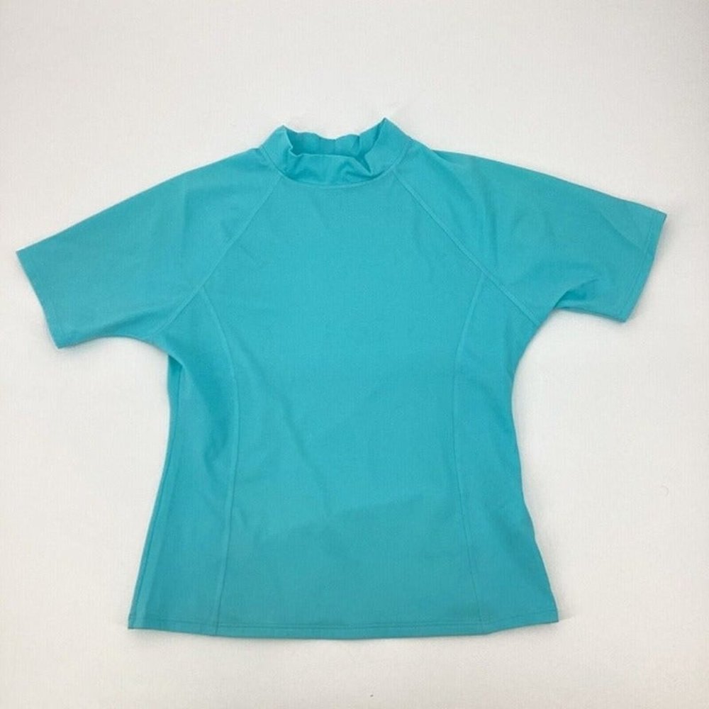 Lands End Boys Sz L (14) Blue Swim Shirt Youth 4 Short Sleeve Rash Guard